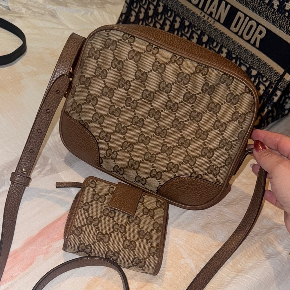 Gucci Brown Monogram Crossbody Bag with Leather Trim and matching wallet